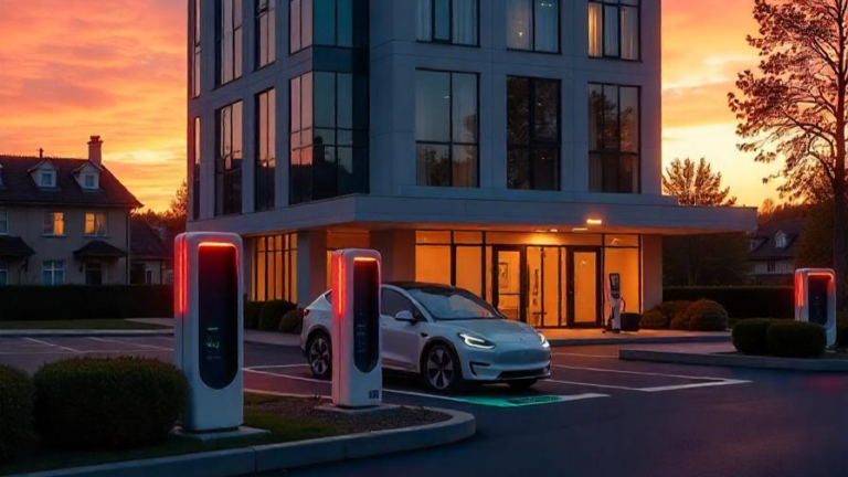 Une voiture électrique recharge sur des bornes situées devant un bâtiment moderne, éclairé par un coucher de soleil chaleureux.