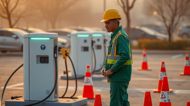 technicien en tenue de sécurité, portant un casque et un gilet réfléchissant, supervisant l'installation de bornes de recharge pour véhicules électriques dans un parking, entouré de cônes de signalisation pour sécuriser la zone.